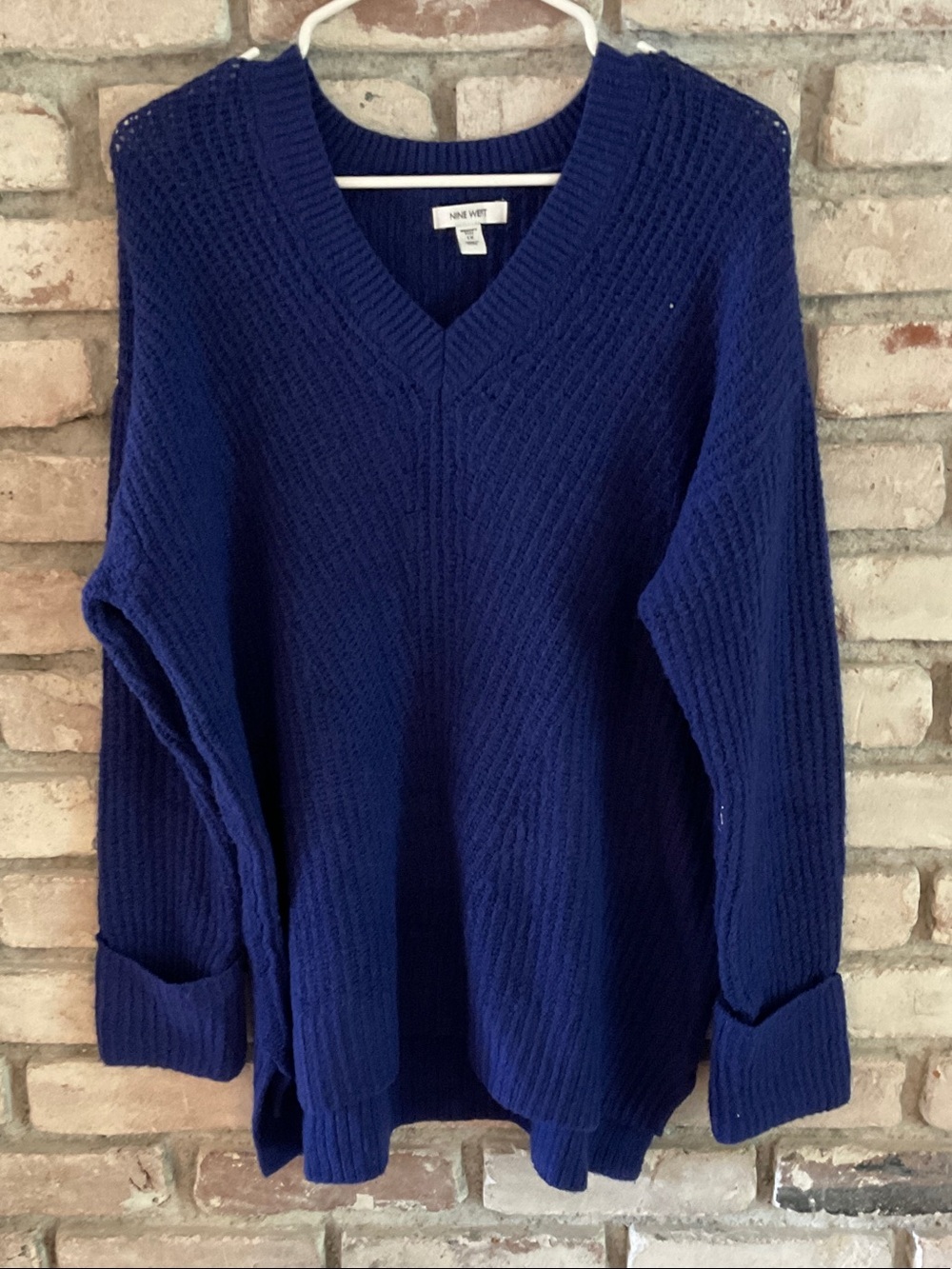Nine West Navy V-Neck Textured Knit Sweater